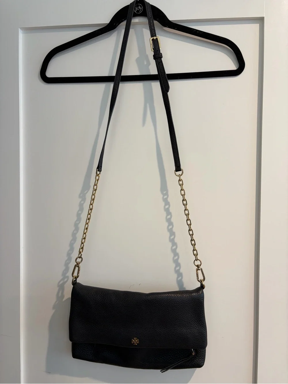 Tory Burch Black Pebbled Leather Fold-Over Crossbody with Gold Chain